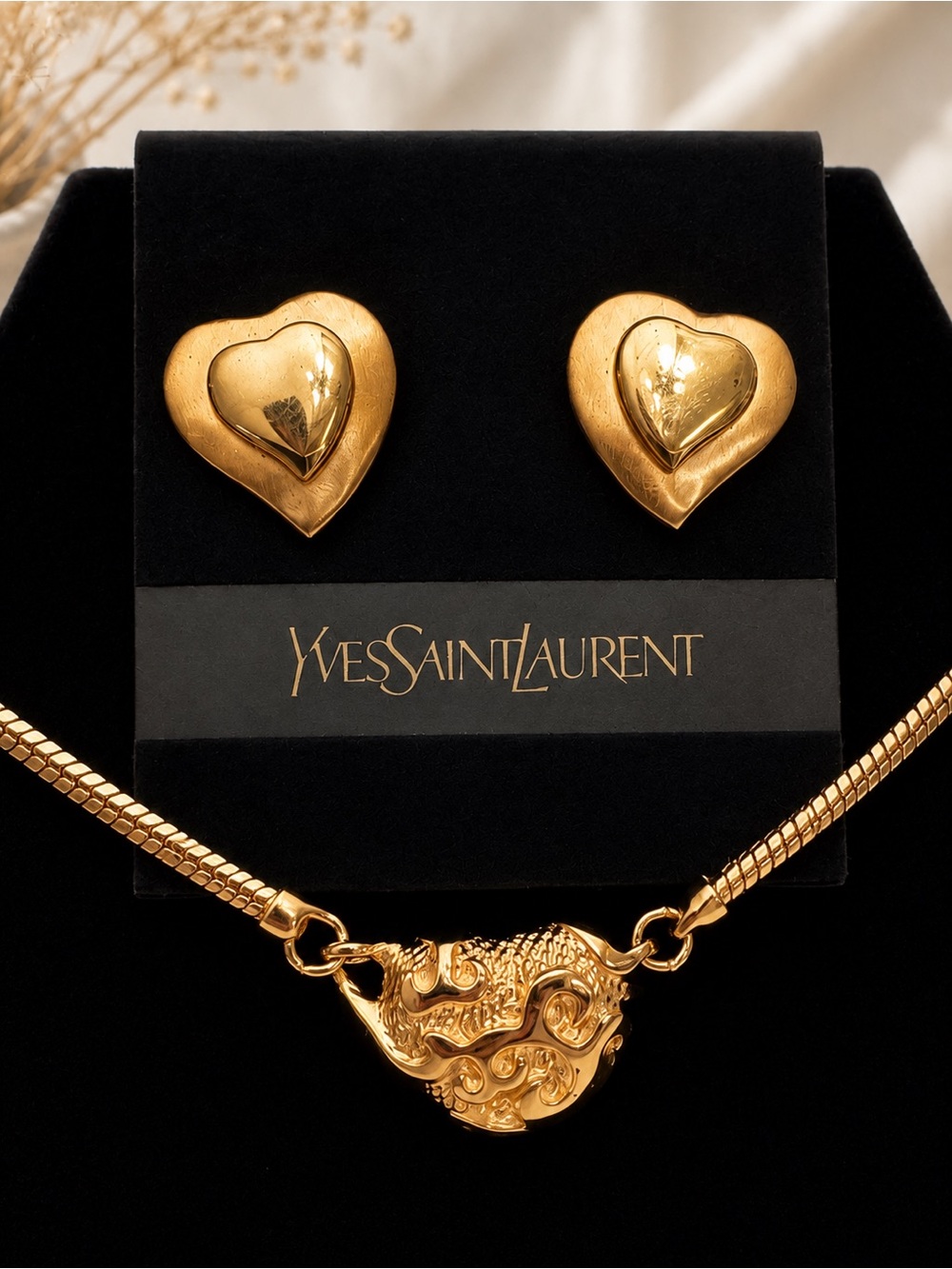 Vintage NWT YSL Yves Saint Laurent Gold Heart Necklace and Clip Earrings Set